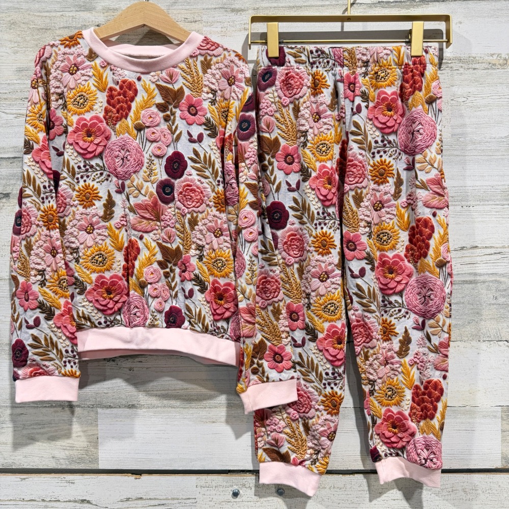 Velveteen by Bunny Knots Jogger Set Girls 6/7Y Pink Floral Bamboo EUC